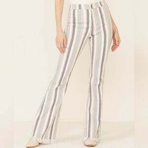 Cello Multicolor Striped Raw Hem Flare Denin Pants Boho Revival
